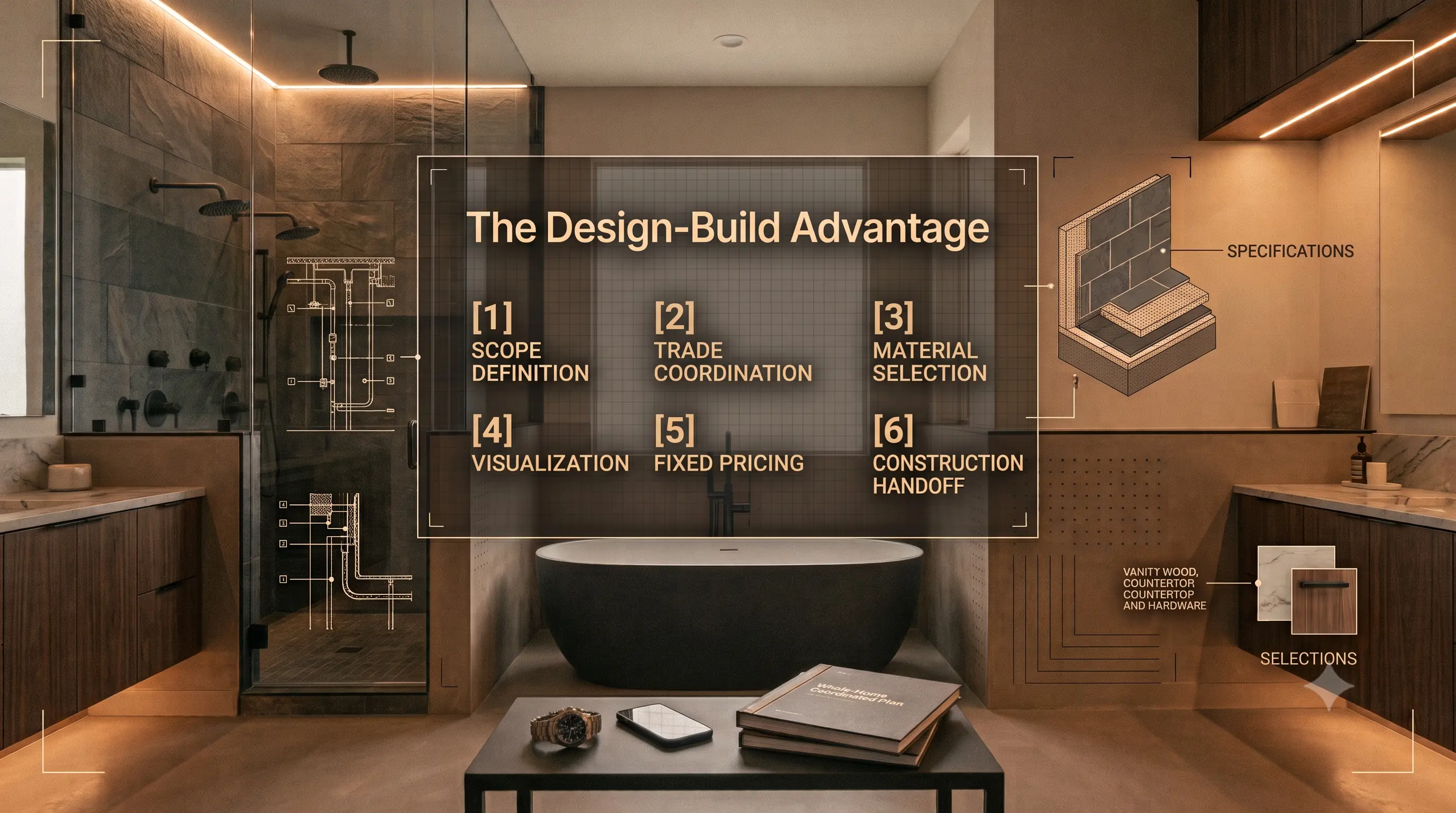 Contractor and homeowner reviewing project plans together at a design table