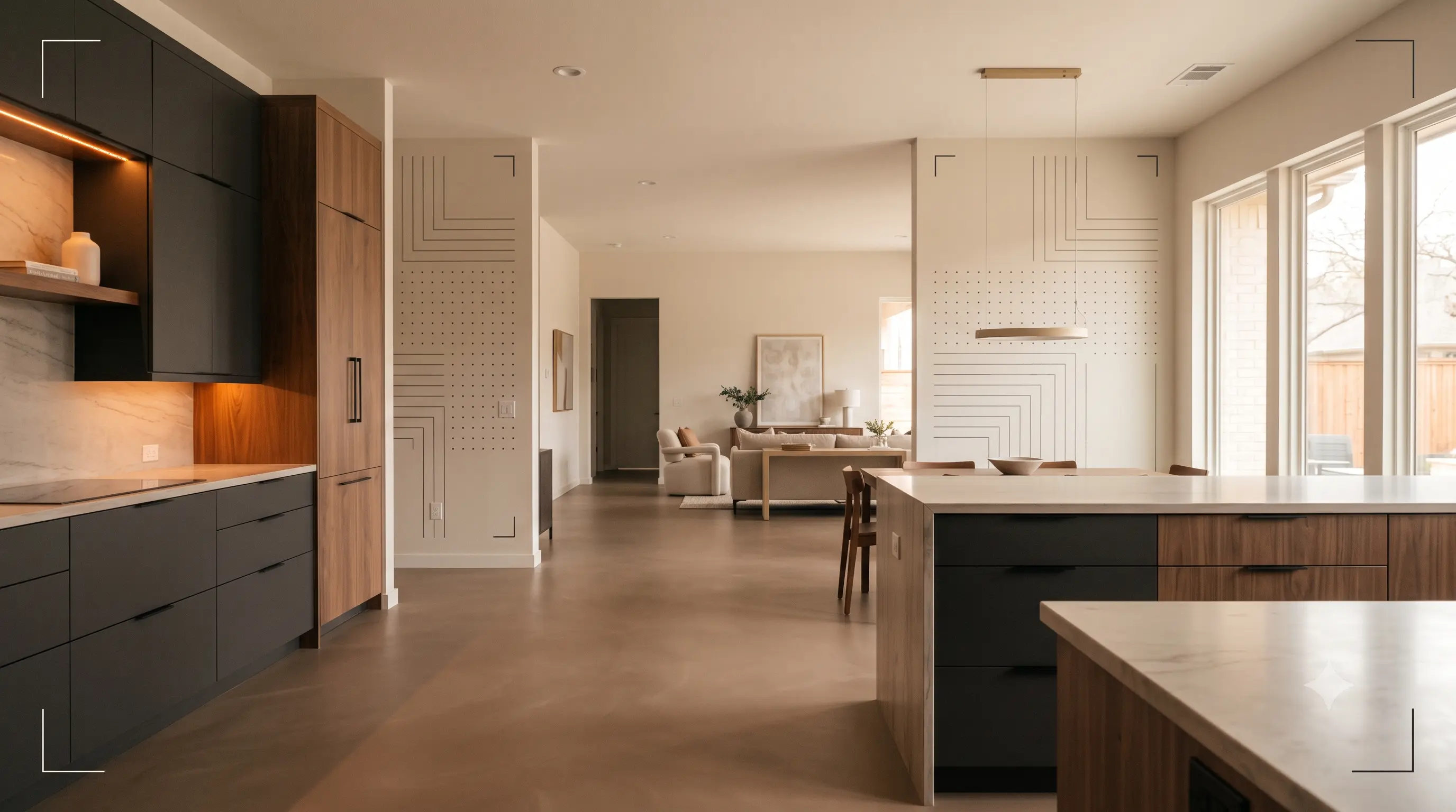 Open-concept living space after whole-home remodel with modern kitchen, connected dining area, and coordinated finishes throughout