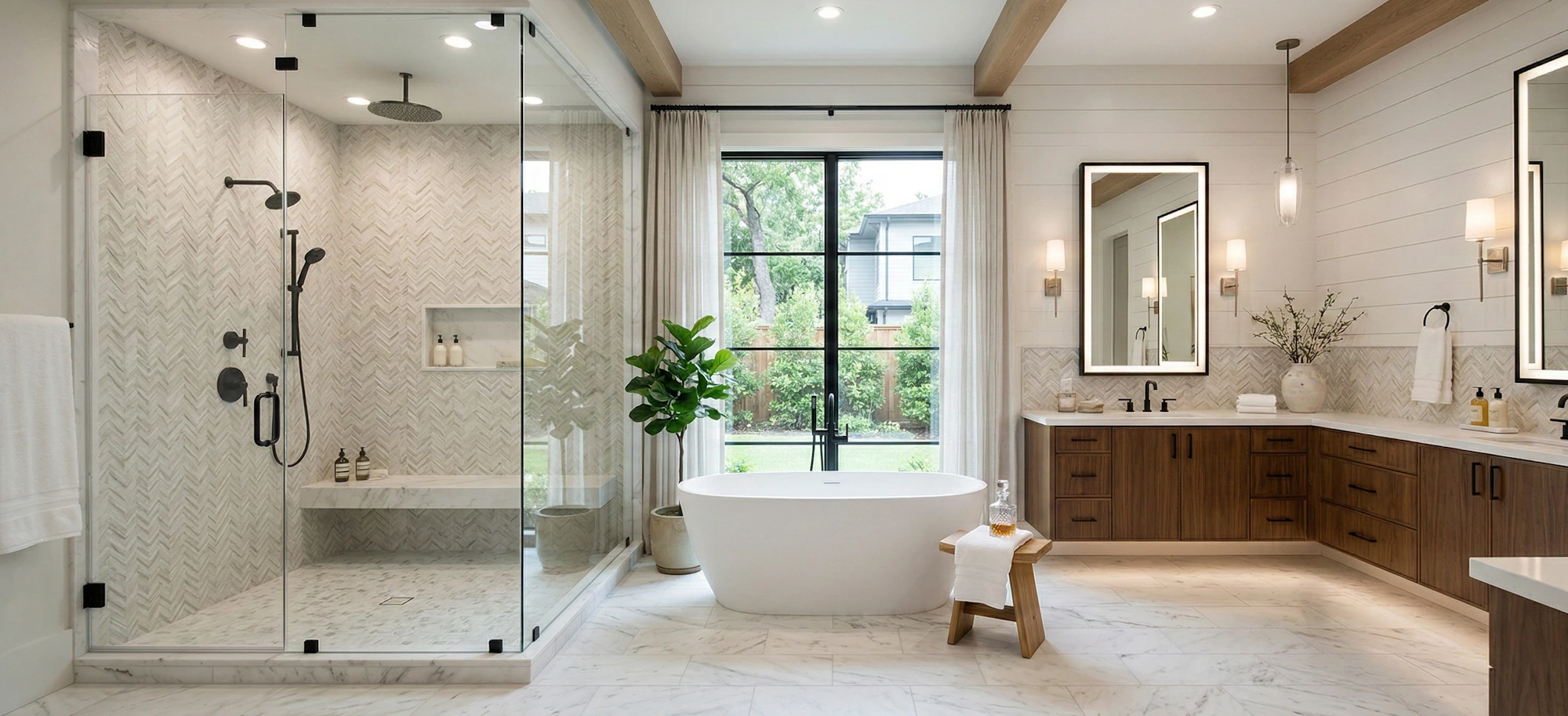 Luxury primary bathroom remodel with walk-in shower, freestanding tub, and custom tile