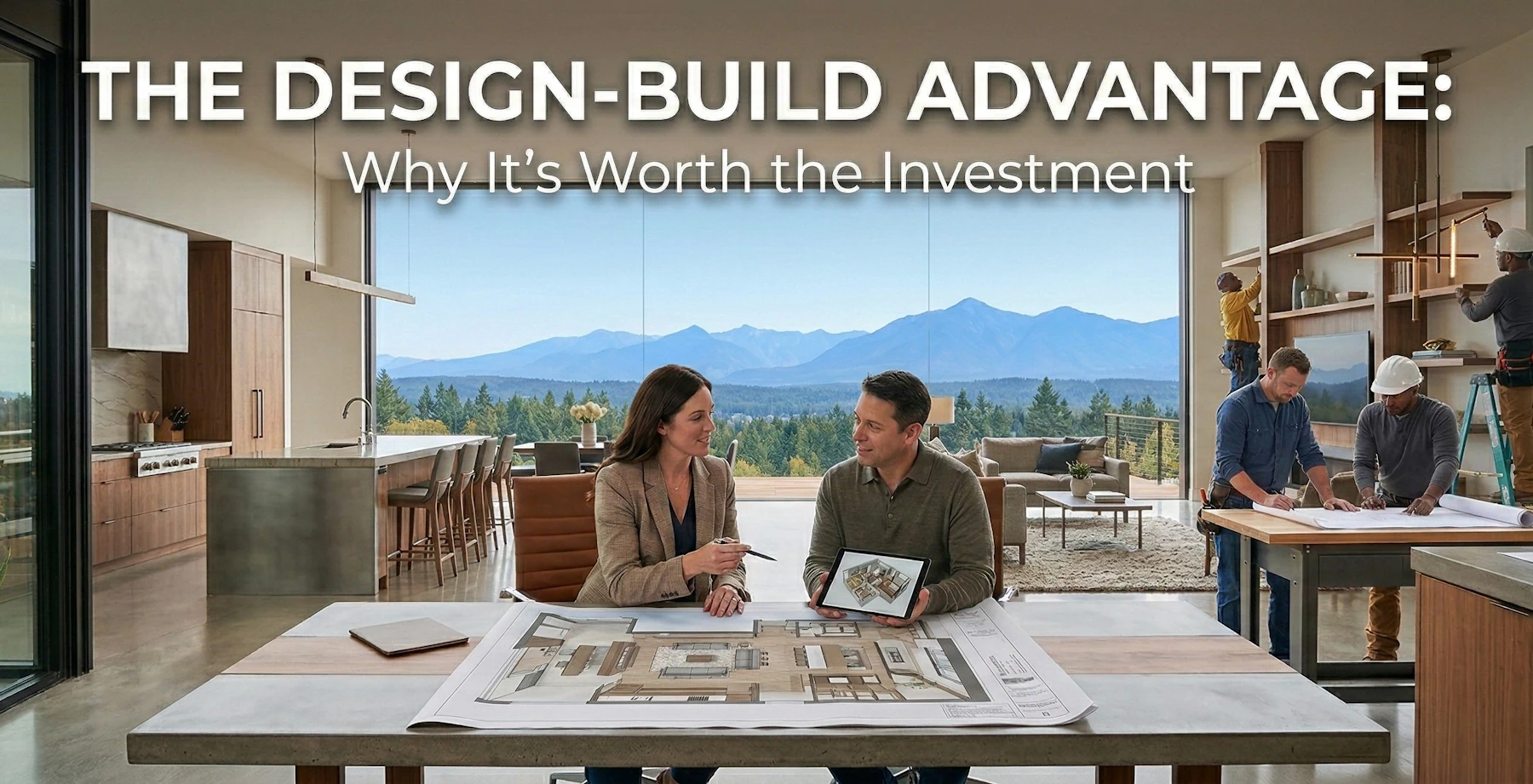 Contractor and homeowner reviewing project plans together at a design table