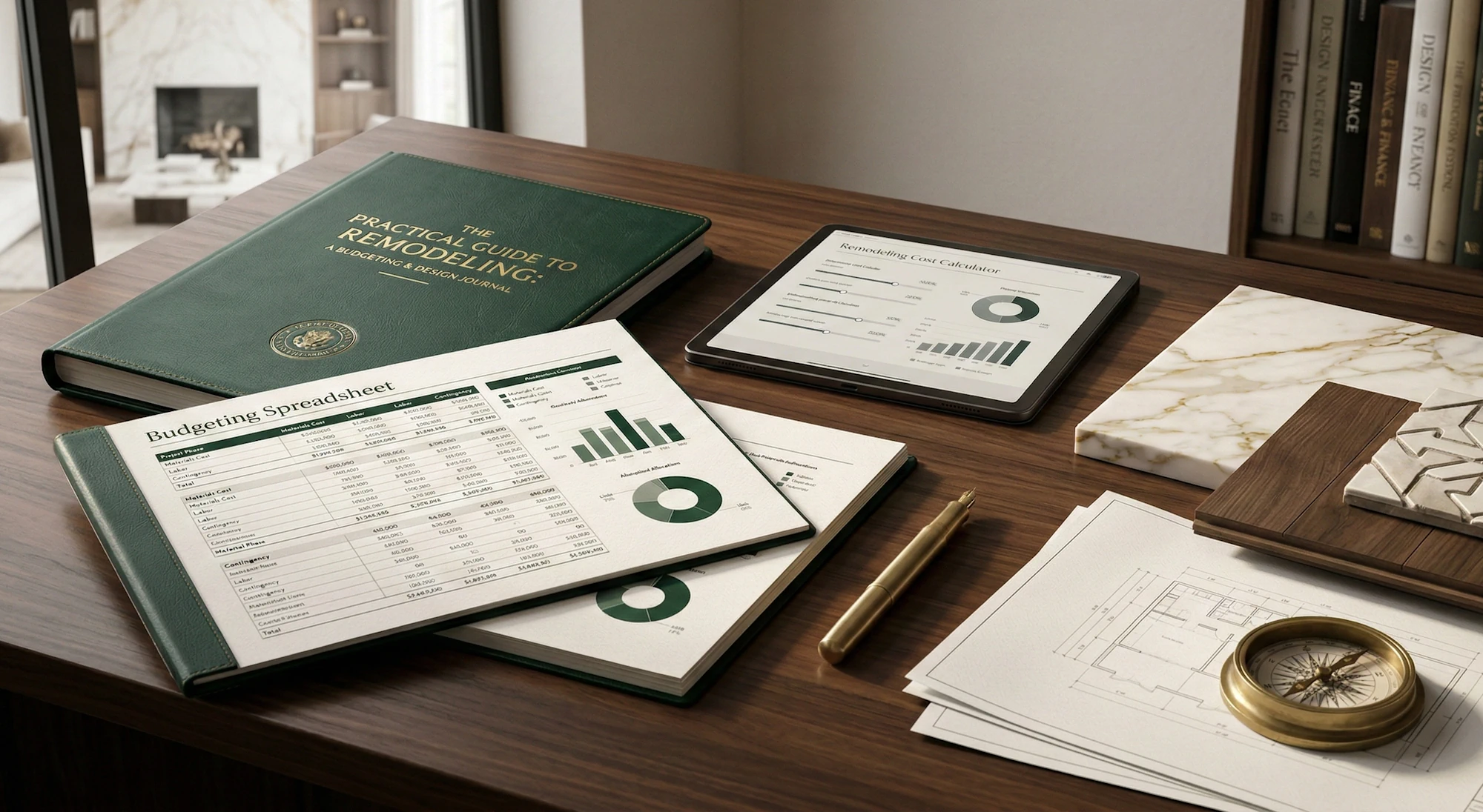 Homeowners reviewing a remodeling budget and project plans at a table