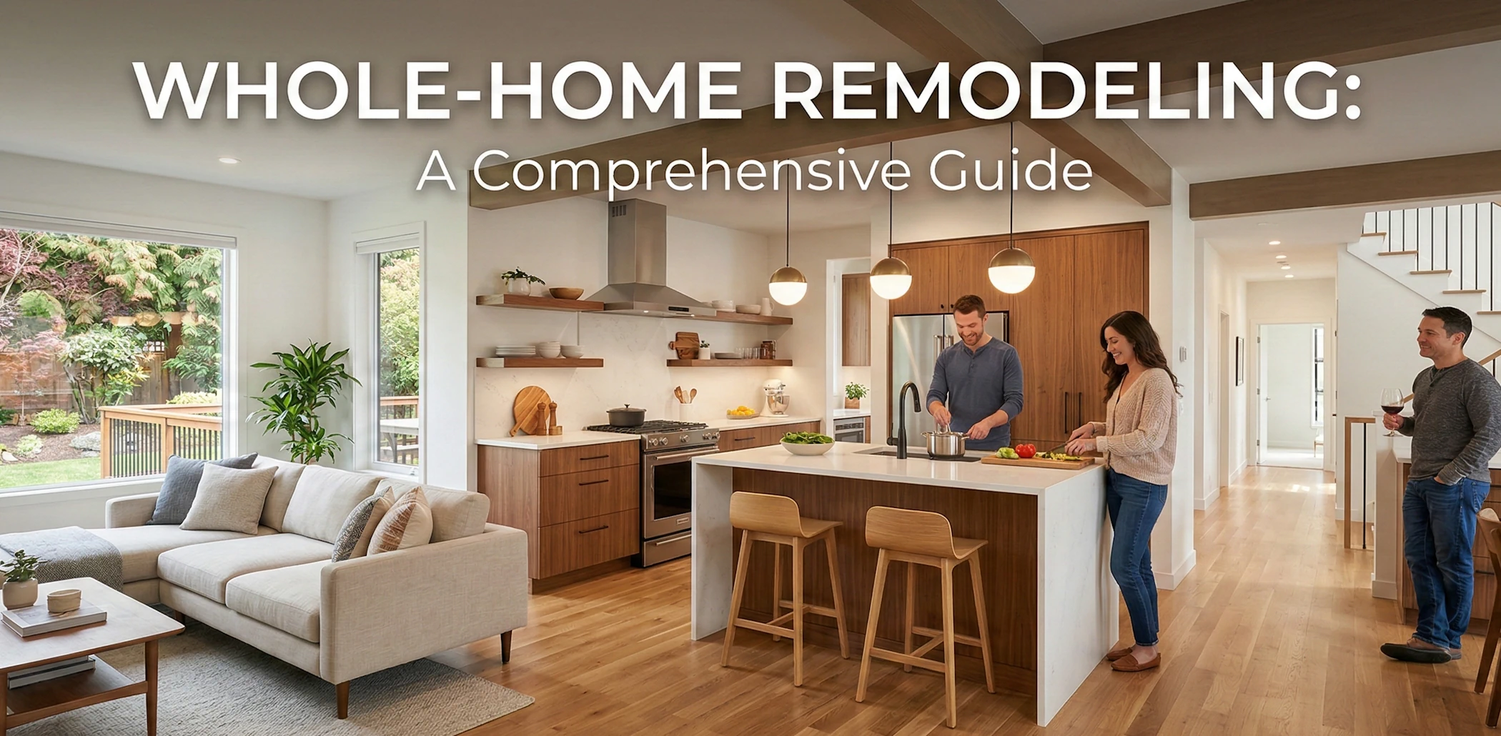 Open-concept living space after whole-home remodel with modern kitchen, connected dining area, and coordinated finishes throughout